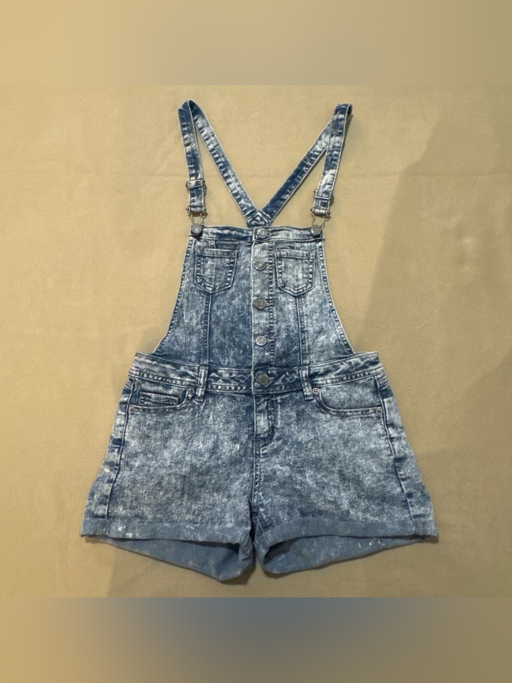 Wax Jean Acid-Wash Denim Short Overalls - Blue